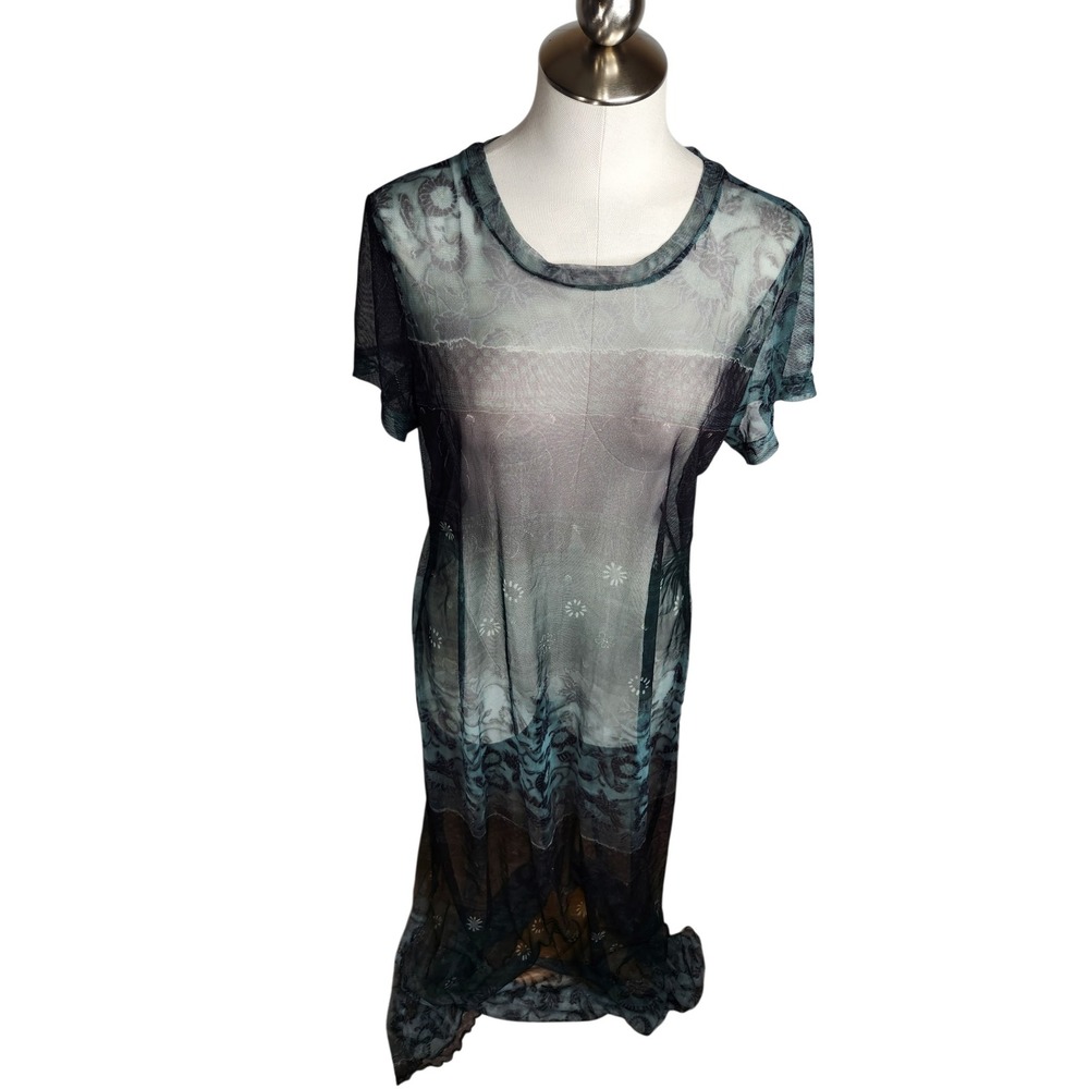 Teddi Vintage 90s Sheer Mesh Maxi Dress Green Floral Print Witchy Grunge Fairy
